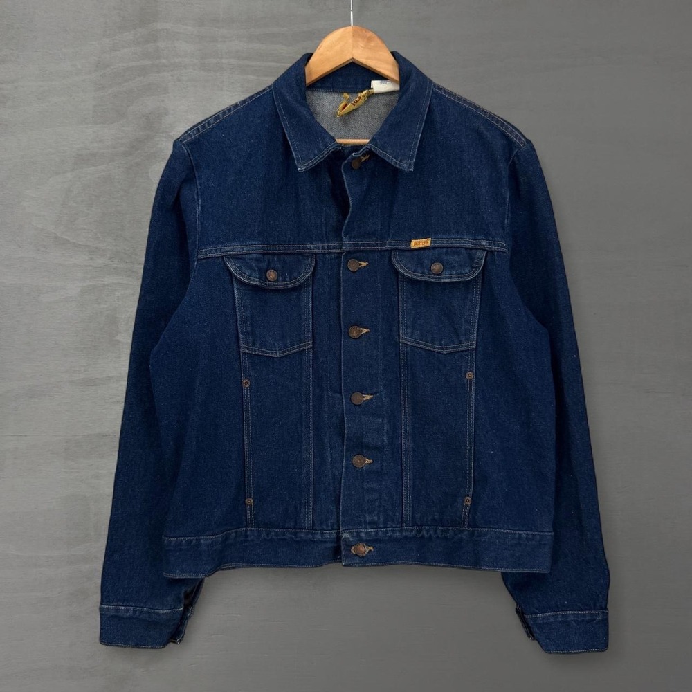 Vintage 70s Rustler Denim Jacket Dark Wash Vintage Trucker 13oz Cotton Large